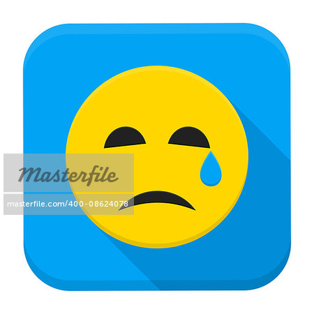 Crying Yellow Smiley Face App Icon. Vector Illustration of Flat Style Icon Squre Shaped with Long Shadow.