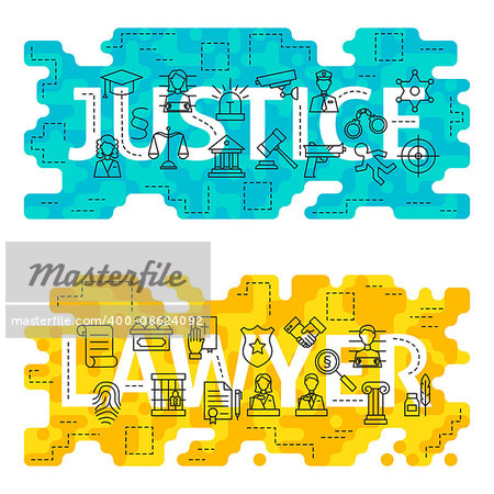 Justice Lawyer Word Outline Flat Concept. Vector Illustration of Thin Line Law and Crime Banner for Website and Web.