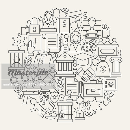 Law Justice and Crime Line Icons Set Circle Shape. Vector Illustration of Modern Attorney and Lawyer Outline Objects.