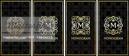 business card templates with stylish gold monogram on black background