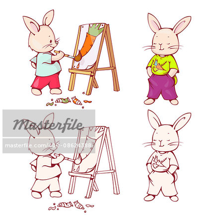 Illustration of funny cartoon Bunnies. Hand-drawn illustration. Vector set.