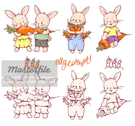 Illustration of funny cartoon Bunnies with carrots. Hand-drawn illustration. Vector set.