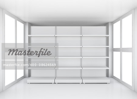 White empty supermarket retail store shelves in clean exhibition room, 3D illustration