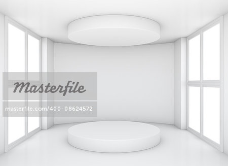 White clean exhibition room with round pedestal and top cap. 3d rendering