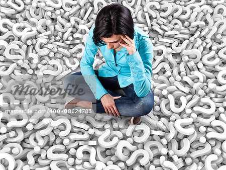 3d illustration of girl sits among many white questions