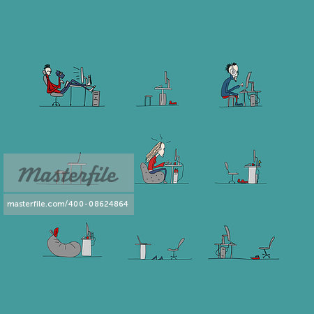 Programmers at work, office life, sketch for your design. Vector illustration