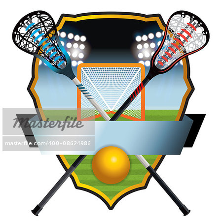A lacrosse emblem with sticks, ball, and goal on a lacrosse field badge. Vector EPS 10 available.