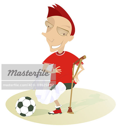 Funny football player with bandage on the foot and crutch