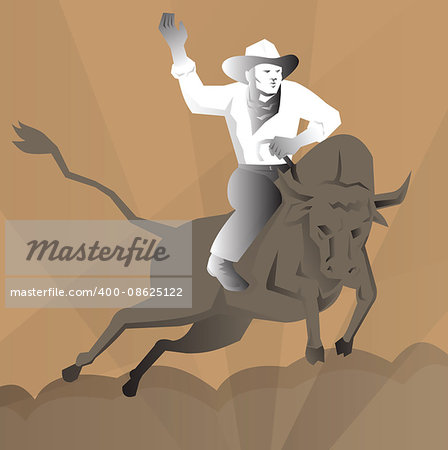 vector illustration of a rodeo cowboy bull riding done in art deco retro style.