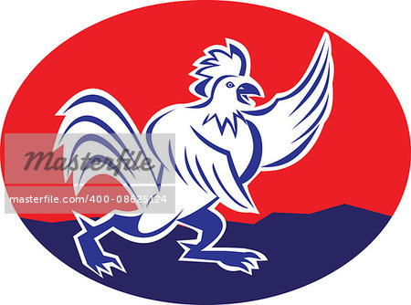 Illustration of a cartoon rooster cock chicken pointing wing set inside ellipse on isolated background done in cartoon style.