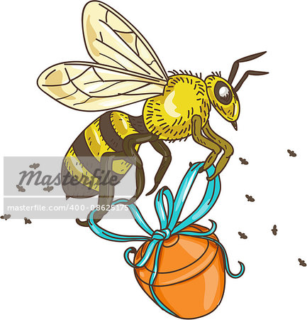 Drawing sketch style illustration of a worker honey bee carrying a honey pot with ribbon viewed from the side set on isolated white background.