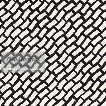 Vector Seamless Black And White Hand Drawn Diagonal Rectangles Pattern. Abstract Geometric Background Design