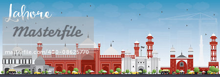Lahore Skyline with Gray, Red Landmarks and Blue Sky. Vector Illustration. Business Travel and Tourism Concept with Historic Buildings. Image for Presentation Banner Placard and Web.