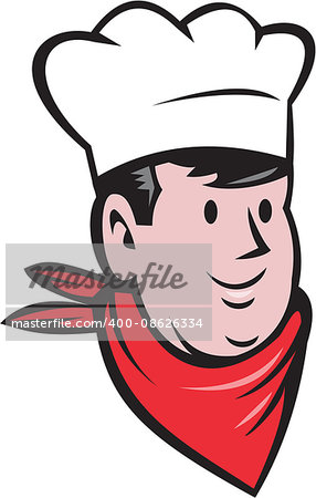 Illustration of a chef cook baker head wearing hat and scarf looking to the side viewed from front set on isolated white background done in cartoon style.