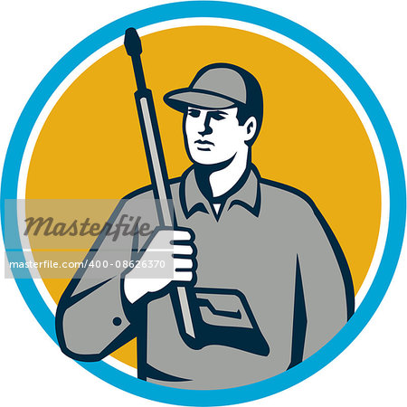 Illustration of power washer worker holding pressure washing gun on shoulder looking to the side viewed from front set inside circle on isolated background done in retro style.