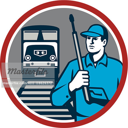 Illustration of power washer worker holding pressure washing gun on shoulder looking to the side with train and rail tracks in the background viewed from front set inside circle done in retro style.