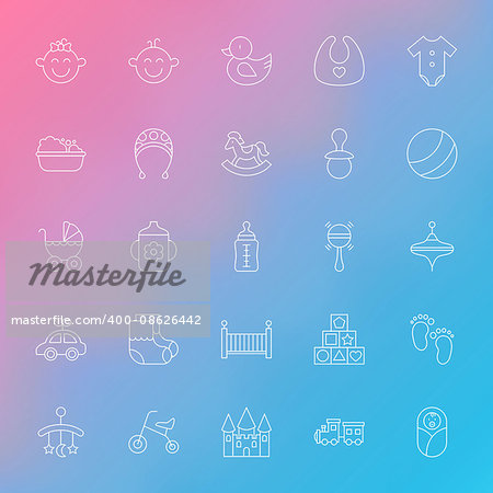 Toys and Baby Line Icons Set over Blurred Background. Vector Set of Modern Thin Outline Newborn and Child Items.