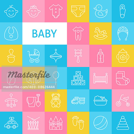 Vector Line Art Baby and Newborn Toys Icons Set. Modern Thin Outline Childhood and Toys Items over Colorful Squares.