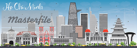 Ho Chi Minh Skyline with Gray Buildings and Blue Sky. Vector Illustration. Business Travel and Tourism Concept with Modern Buildings. Image for Presentation Banner Placard and Web Site.