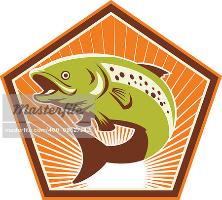 Illustration of a trout fish jumping with sunburst in background set inside pentagon shield shape done in retro style.