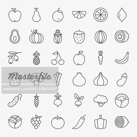 Fruit Vegetable Line Art Design Icons Big Set. Vector Set of Modern Thin Outline Fresh Healthy Food Symbols.