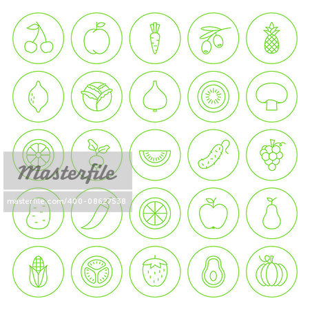 Line Circle Fresh Fruit Vegetable Icons Set. Vector Set of Modern Thin Outline Icons of Healthy Vegan Food Circle Shaped Isolated over White Background.