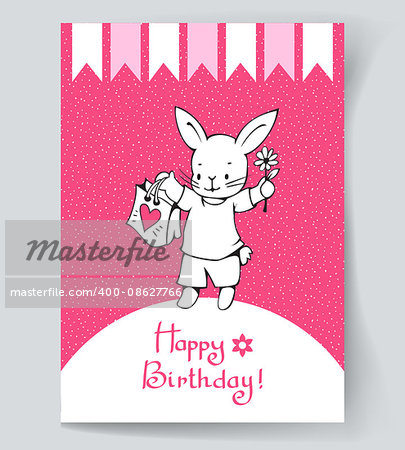 Postcard with a white Bunny and hand lettering "happy birthday!".  Vector illustration