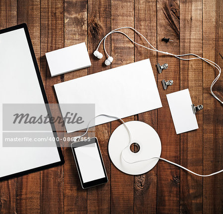 Blank stationery template on vintage wooden table background. Corporate identity template. Blank branding mock-up. ID template. Mock-up for branding identity. Photo of blank stationery.