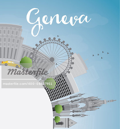 Geneva skyline with grey landmarks, blue sky and copy space. Vector illustration. Business travel and tourism concept with place for text. Image for presentation, banner, placard and web site.