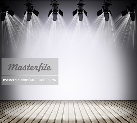 Illuminated empty brown concert stage with rays of light. 3D illustration