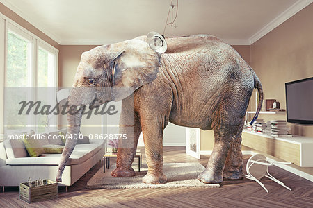 Big elephant and the case of beer  in the living room. 3d concept