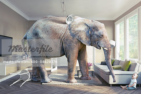 Big elephant and the baby  in the living room. 3d concept