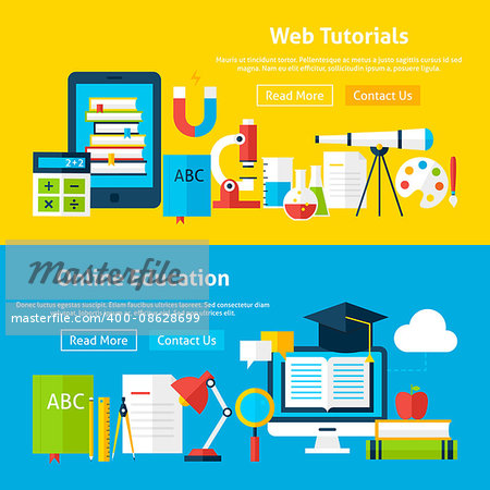 Web Tutorials and Online Education Flat Website Banners. Vector Illustration for Web banner and landing page. Set of School and Learning Services Modern Design.