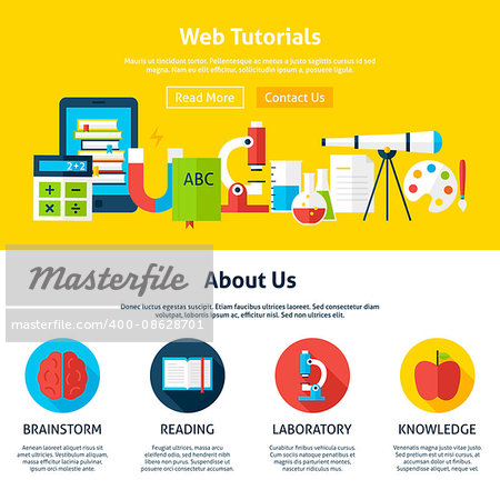Web Tutorials Flat Web Design Template. Vector Illustration for Website banner and landing page. Header with Online Education Icons Modern Design.