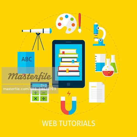 Web Tutorials Service Concept. Flat Design Vector Illustration. Online Education and School Studying Poster.