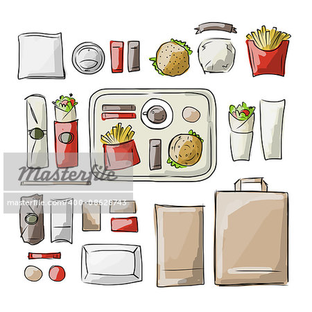 Tray with fast food, sketch for your design. Vector illustration