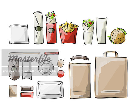 Tray with fast food, sketch for your design. Vector illustration