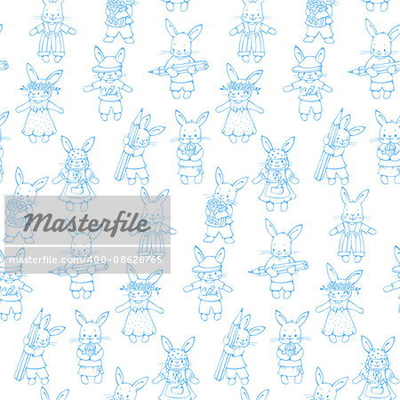 Monochrome seamless pattern with funny cartoon Bunnies. Hand-drawn illustration. Vector.