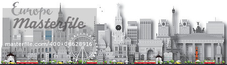 Europe skyline silhouette with different landmarks. Vector illustration. Business travel and tourism concept with place for text. Image for presentation, banner, placard and web site.