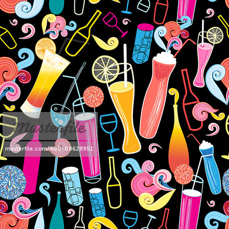 Seamless graphic pattern of different coloured cocktails on a black background
