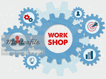 workshop and education symbols in grunge flat design gear wheels infographic, learning conceptual words and signs
