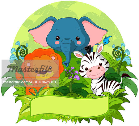 Illustration of cute jungle animals on nature background