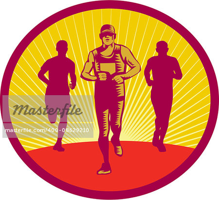 Illustration of a marathon runner with fellow runners in the back viewed from front set inside circle with sunburst in the background done in retro woodcut style.