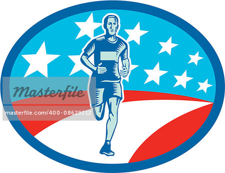 Illustration of a marathon runner viewed from front set inside oval shape with usa flag stars and stripes in the background done in retro woodcut style.