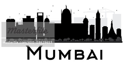 Mumbai City skyline black and white silhouette. Vector illustration. Simple flat concept for tourism presentation, banner, placard or web site. Business travel concept. Cityscape with landmarks