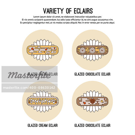 Vector design template with thin line icons of french dessert eclair on white background. Flat design graphic