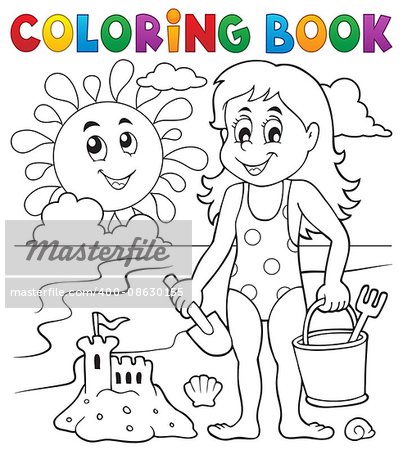 Coloring book girl playing on beach 1 - eps10 vector illustration.