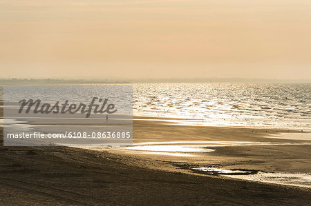 France, Normandy, one person walking on the beach at sunset