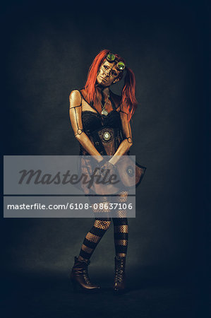 Steampunk robot woman with red hair