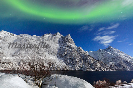 Northern Lights (aurora borealis) illuminate the snowy peaks and the blue sky during a starry night, Budalen, Svolvaer, Lofoten Islands, Arctic, Norway, Scandinavia, Europe